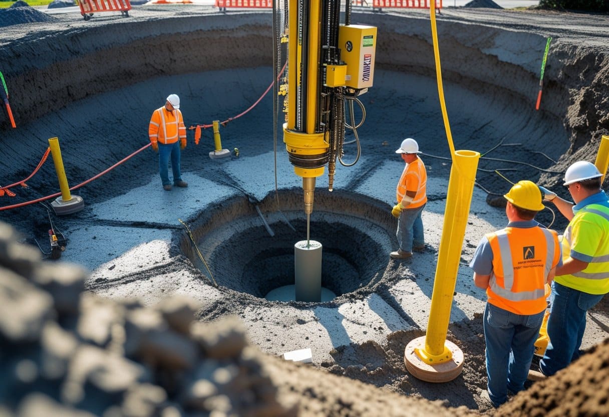 A construction site with workers wearing vests
