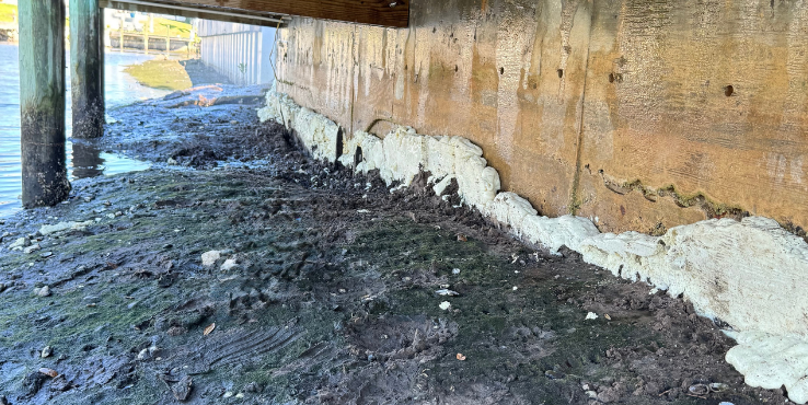 Chemical grout barrier along a seawall.
