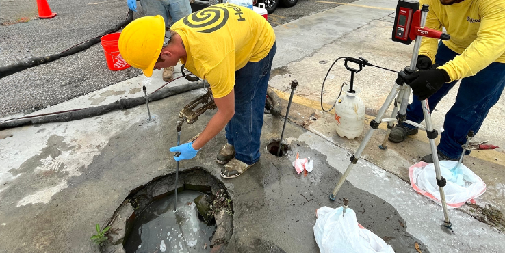 Polyurethane injection inside of an open manhole.