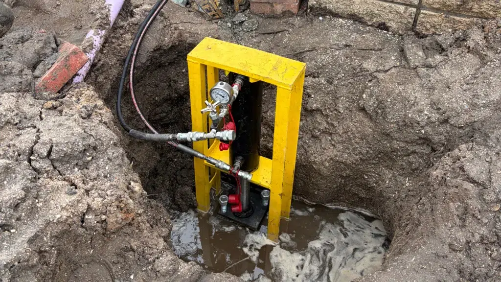 Yellow hydraulic lifting apparatus inside a muddy excavation pit, with pressure gauges and hoses visible around pooled water at the base.