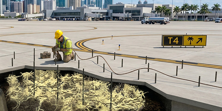 Helicon crew performing commercial airport runway stabilization with polyurethane injection technology