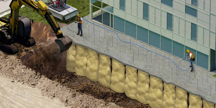 Animated photo of excavation stabilization of a commercial building.