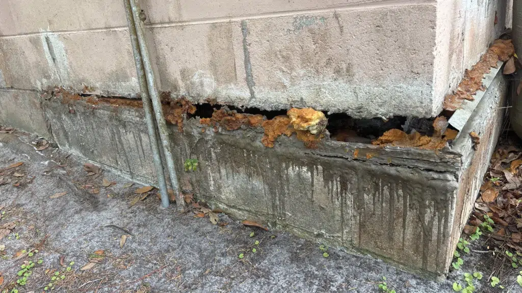 Damaged foundation wall with a long horizontal crack, exposed corroded material, and signs of water intrusion